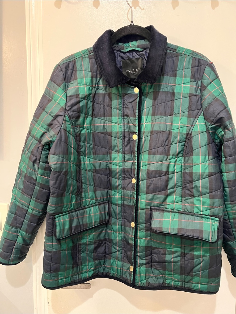 Talbots Green and Navy Plaid Quilted Jacket